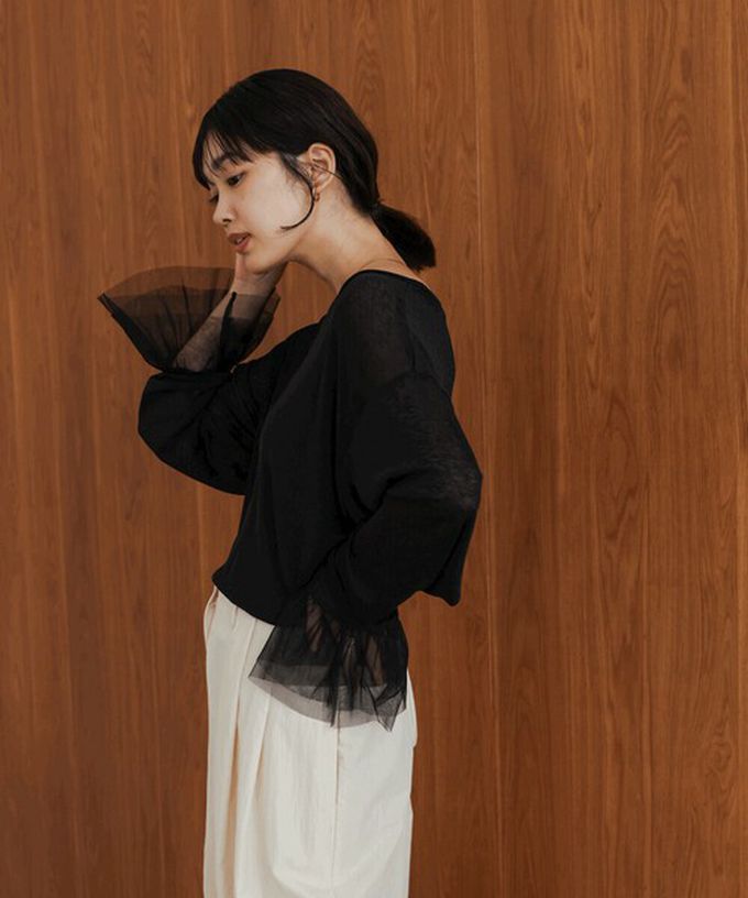 日本 Bab - 雙層薄紗拼接俏麗長袖上衣-炭灰