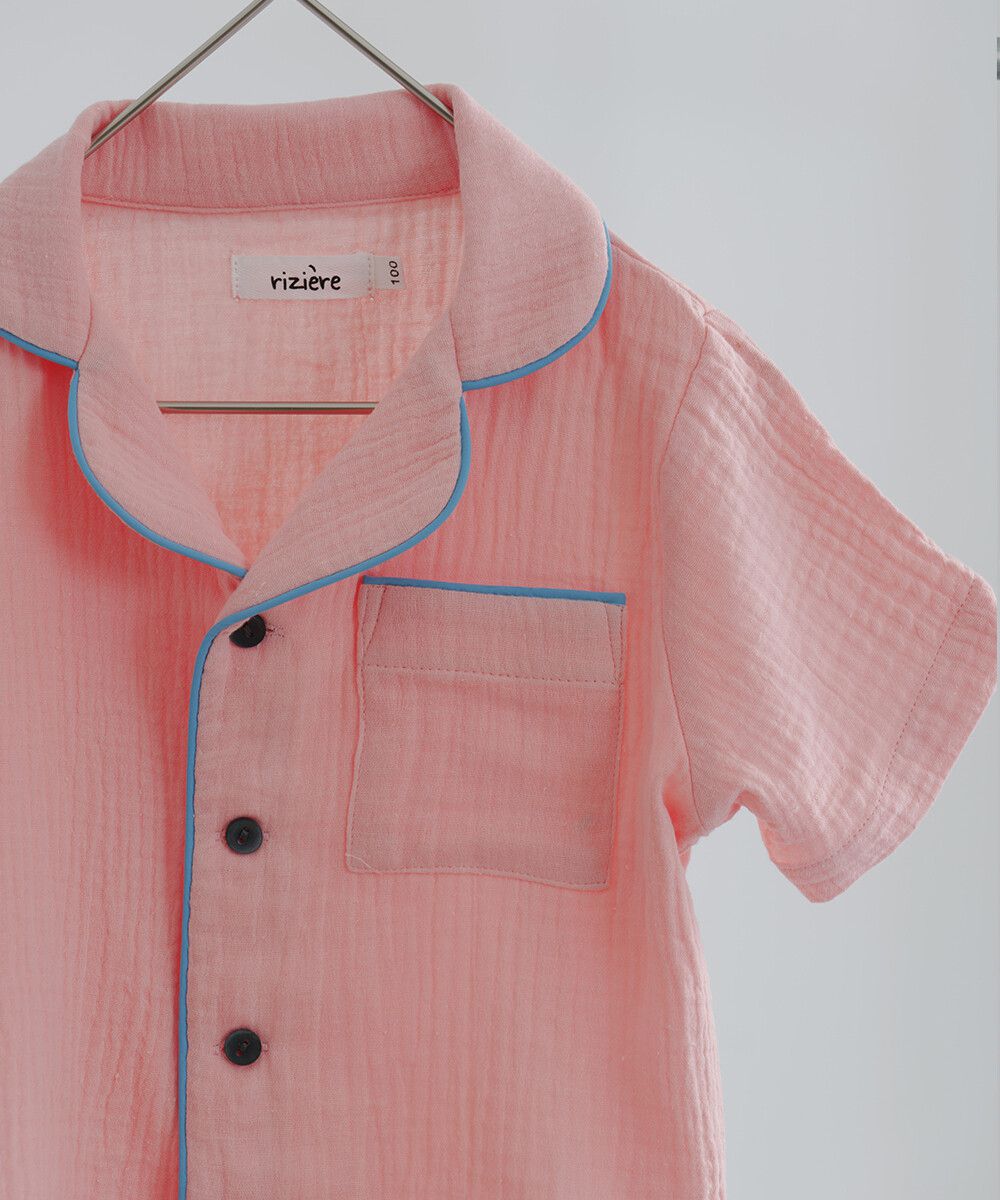 日本 riziere - 二重紗繽紛撞色滾邊家居服/睡衣-粉x藍