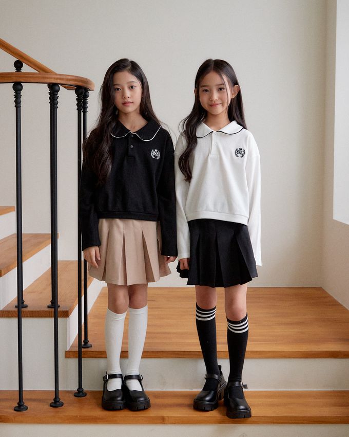 韓國 sm2 - 學院風格鬆餅紋長袖翻領上衣-黑