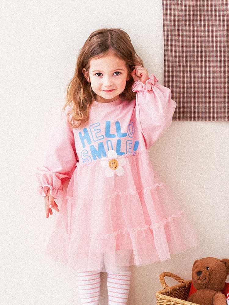 韓國 HEJMINI - 微笑花朵拼接網紗洋裝-粉紅