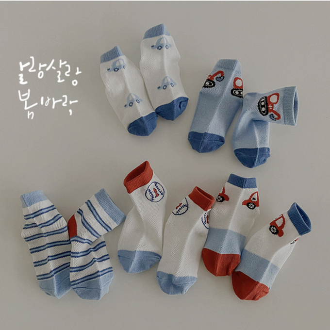 love, charlotte - 童趣小車棒球網眼短筒棉襪-5 雙一組