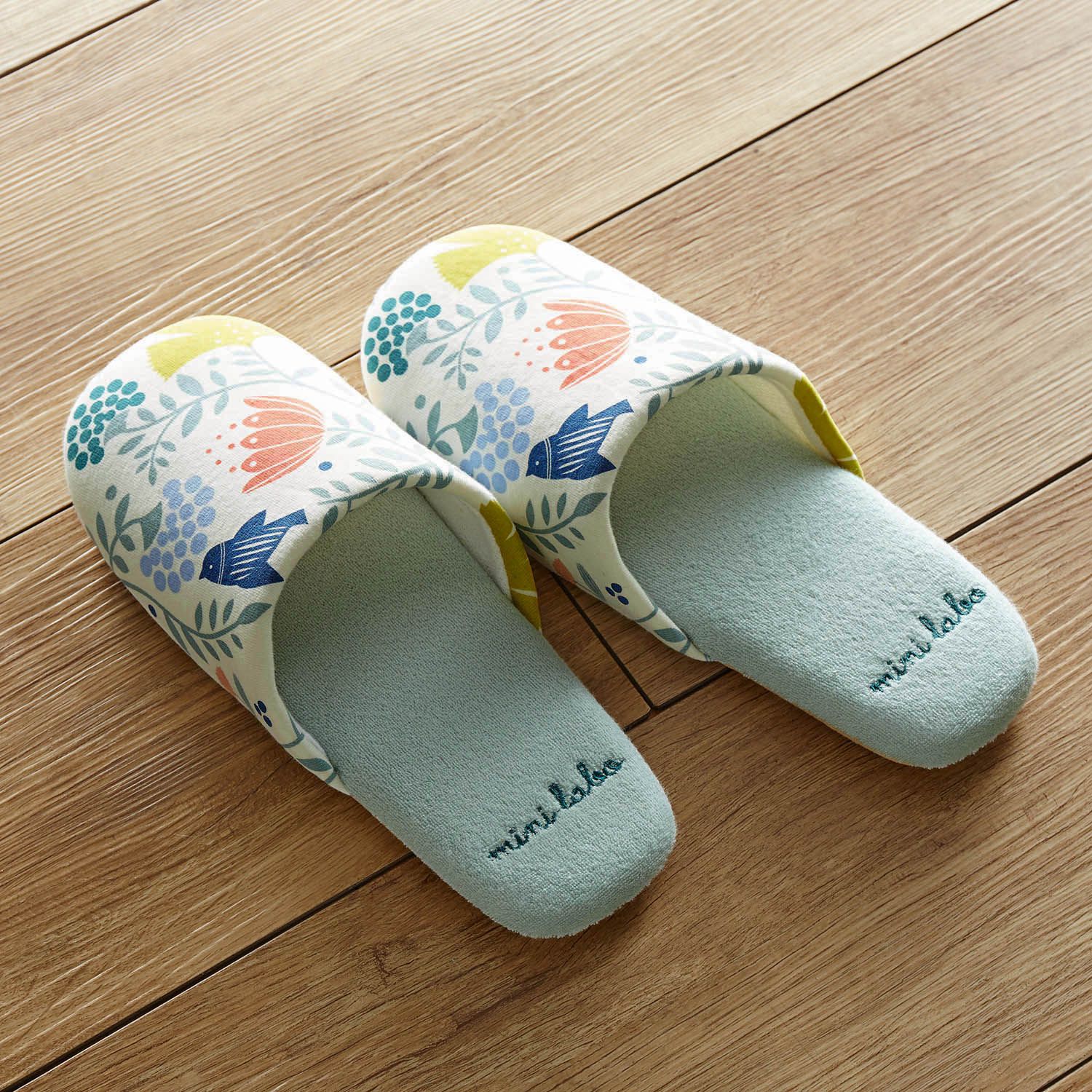 日本千趣會 - mini labo 法式浪漫室內拖鞋-鳥語花香-水藍 (23-25cm)