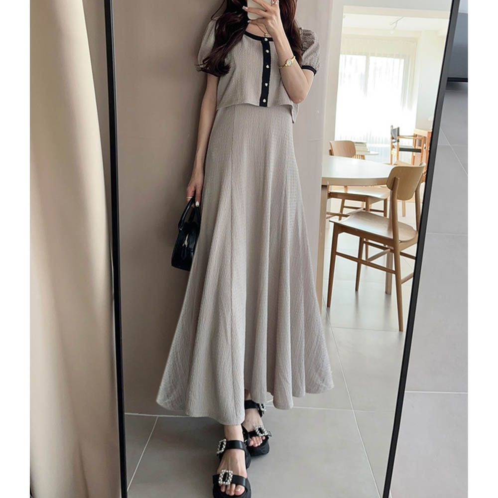 氣質滾邊配色細肩帶洋裝+開襟衫(2件組)-卡其棕 (F)