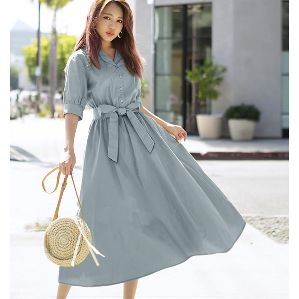 日本 GRL - 腰間綁帶五分袖襯衫式洋裝-浪漫藍