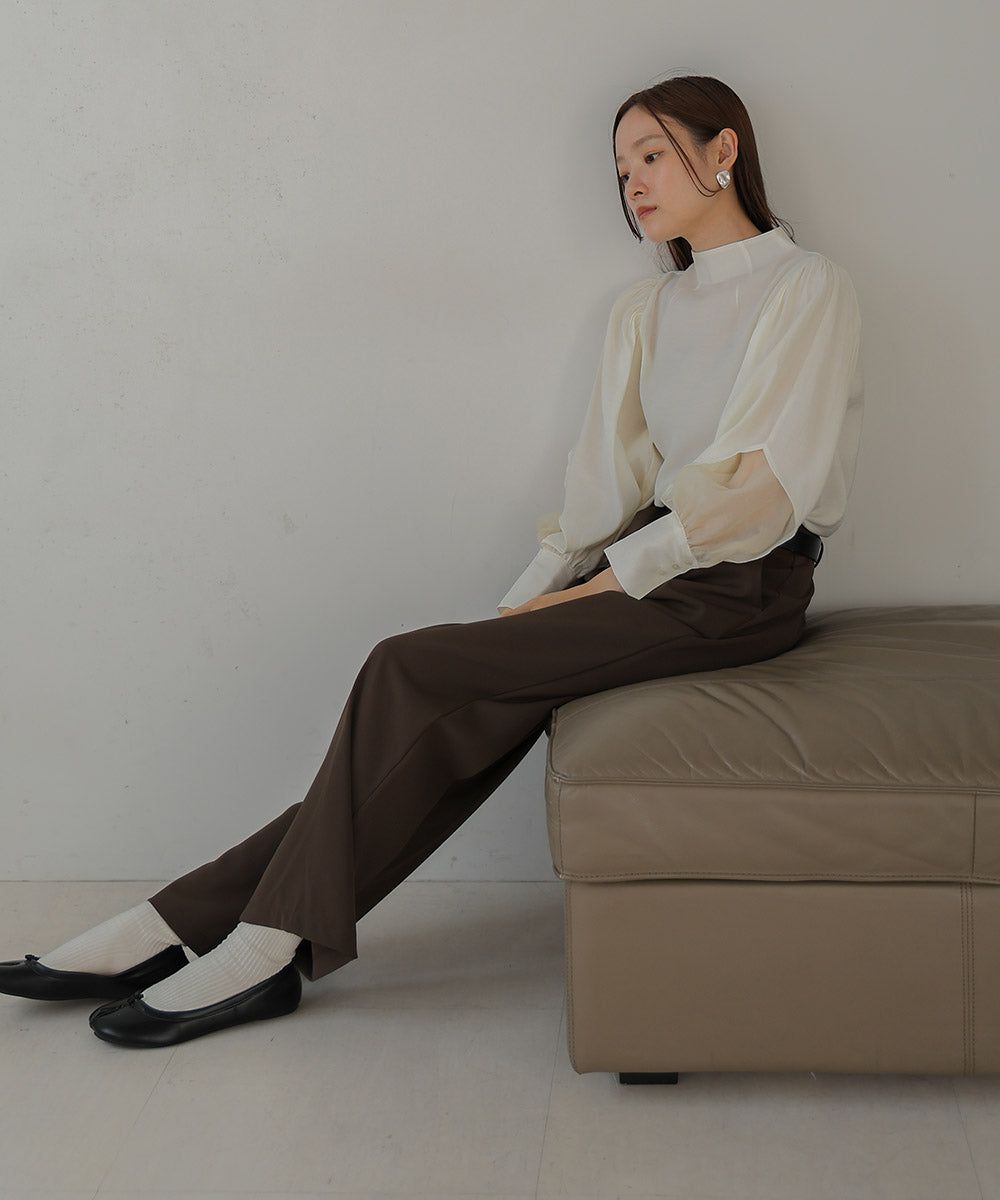 日本 Bab - 柔美紗拼接袖雪紡上衣-深可可