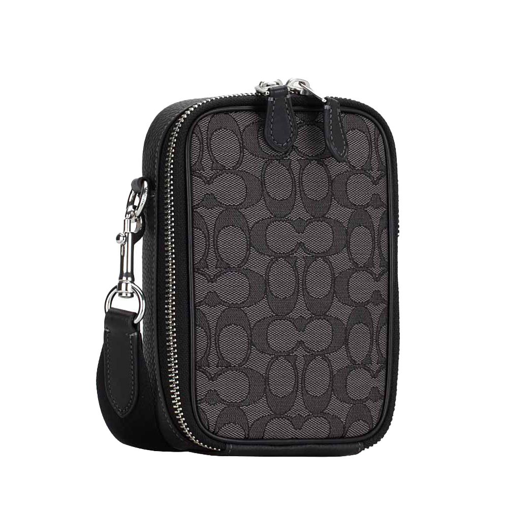 緹花布拼皮革斜背包 (黑灰)