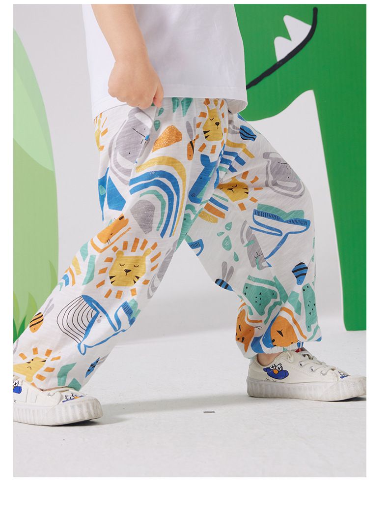 純棉束口長褲/防蚊褲-動物世界-白色