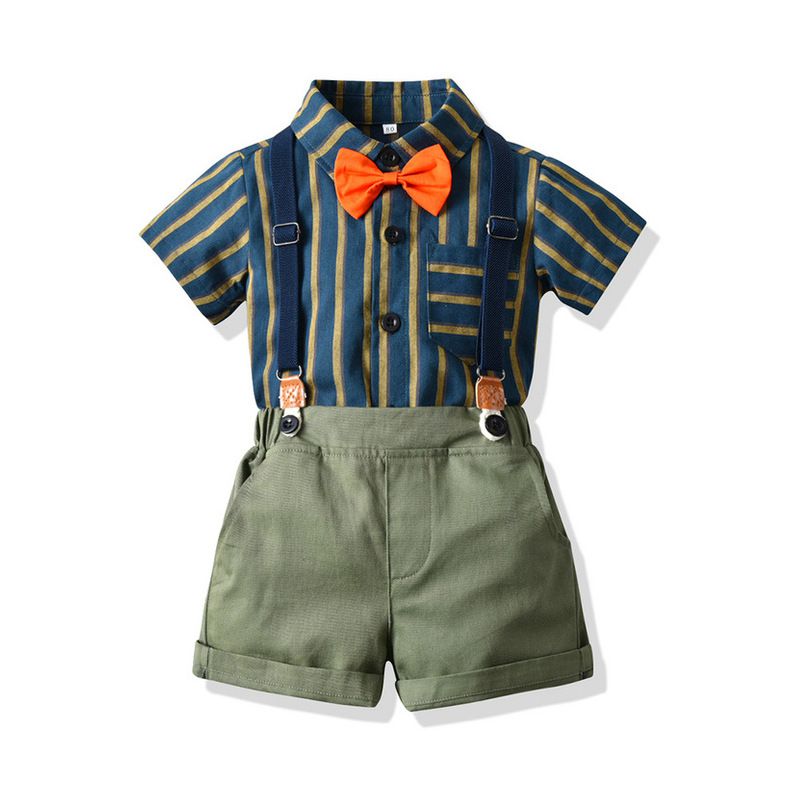 條紋小紳士短袖套裝-綠色背帶款