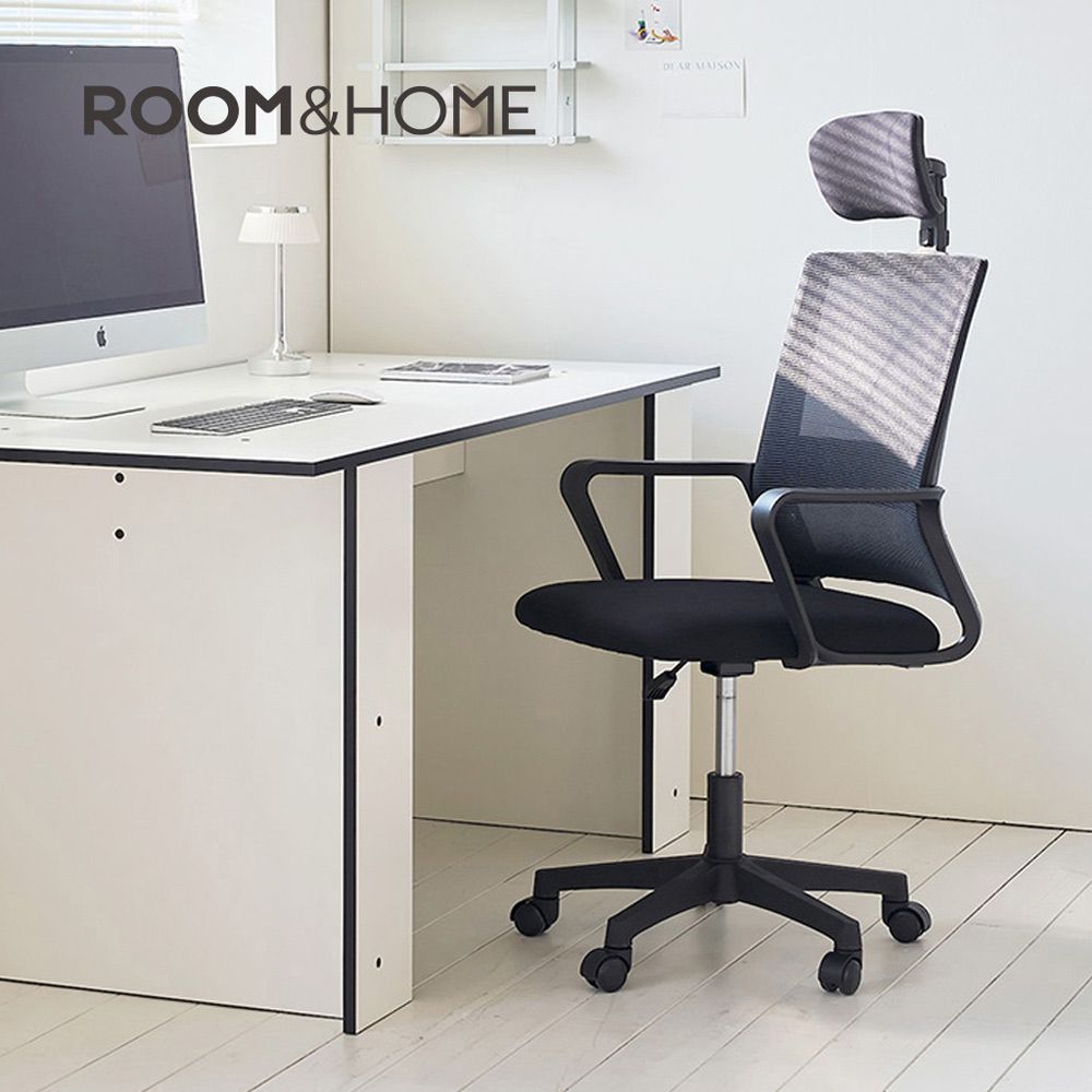 韓國ROOM&HOME - 中背透氣網升降式機能工學椅(附頭枕)-知性黑