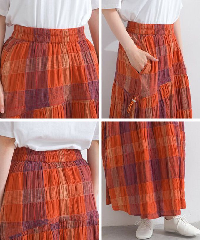 日本 Lupilien - 印度棉 皺皺文青格紋側抽繩長裙-米杏