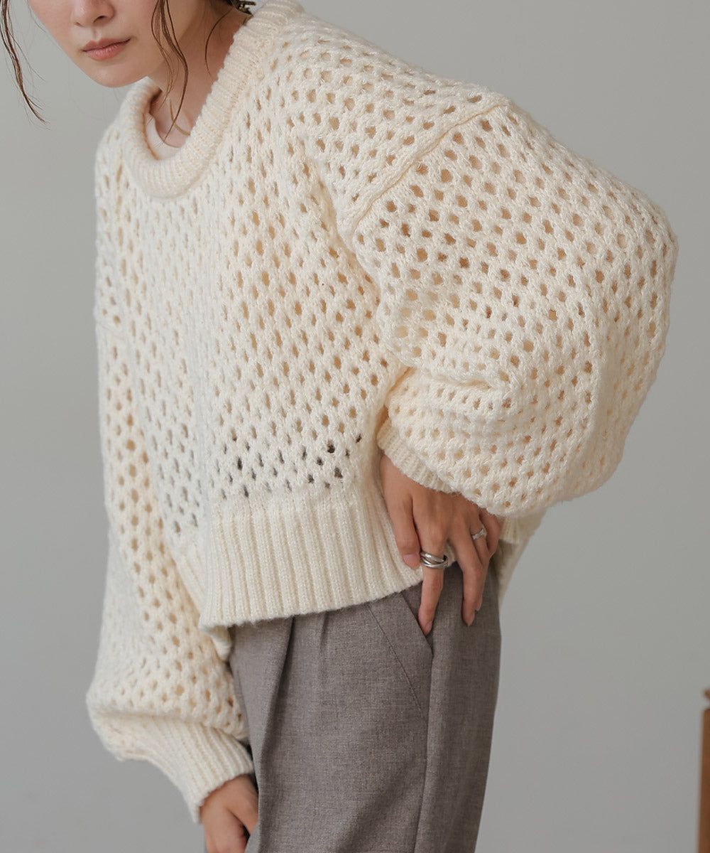 日本 Bab - 混羊毛設計感網格針織上衣-摩卡