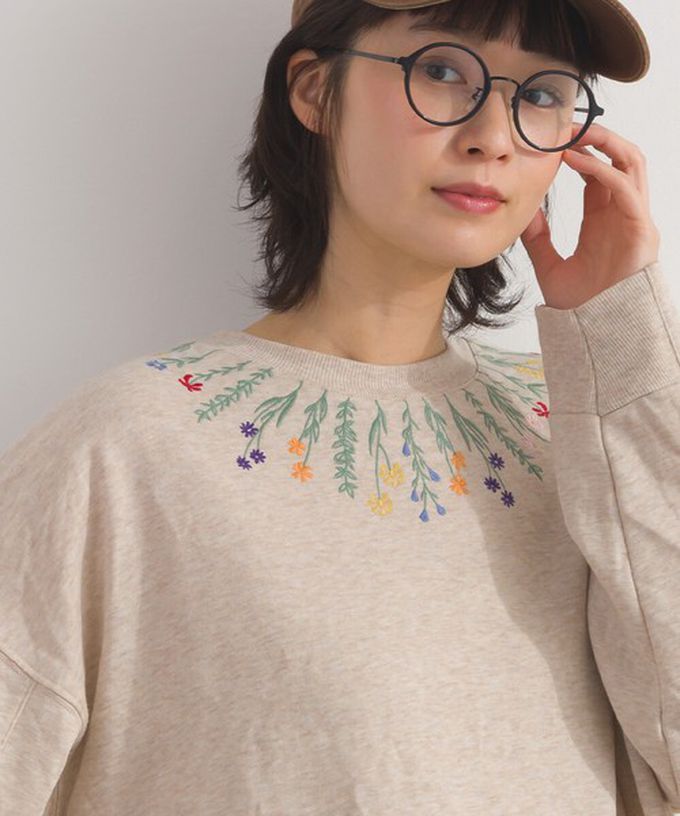 日本 Lupilien - 彩色刺繡花卉領裏毛長袖上衣-炭灰