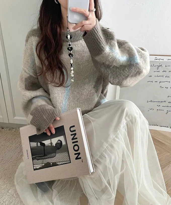 日本 Classical Elf - 歐風毛絨感波浪印花毛衣-粉x米