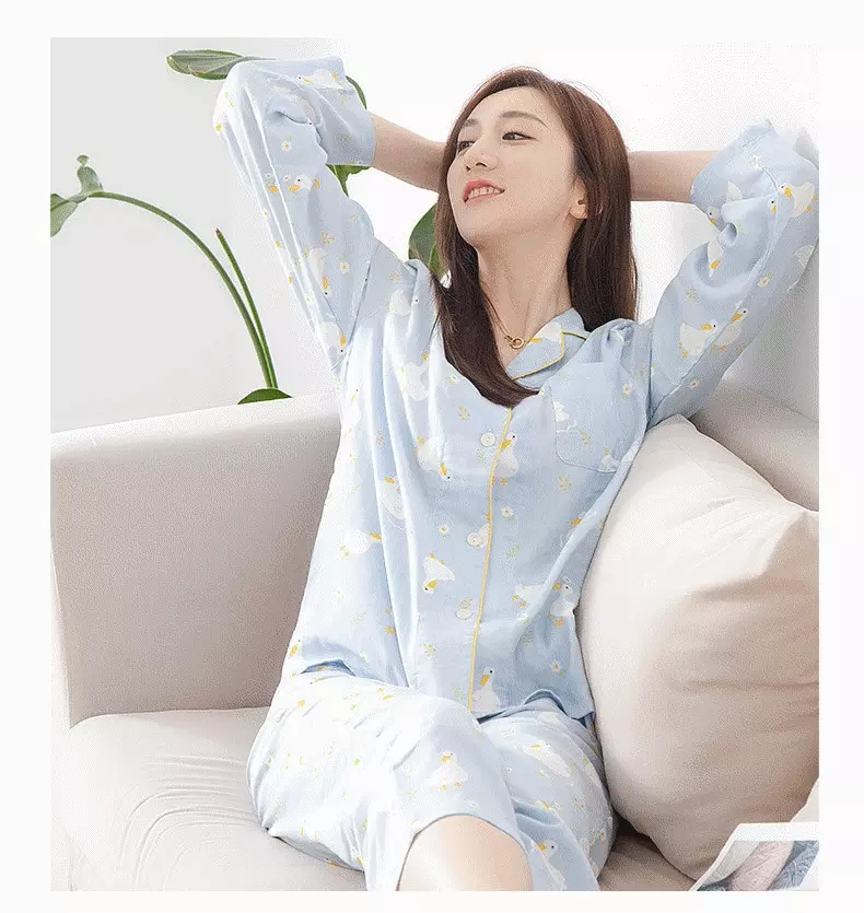 雙層棉紗布長袖家居睡衣套裝-成人款-粉橘底鴨子