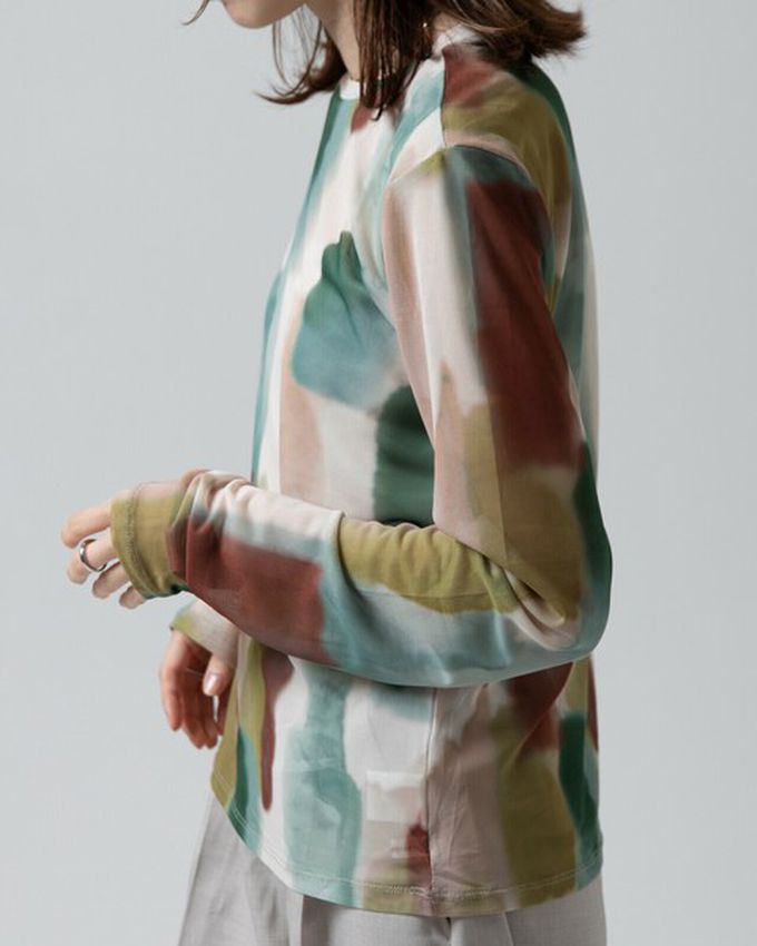 日本 gleam - 水彩畫風透膚休閒長袖上衣-深棕x藍系