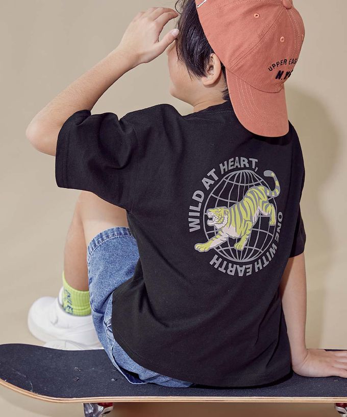 日本 devirock - 100%棉 帥氣印花短袖上衣-地球老虎-黑