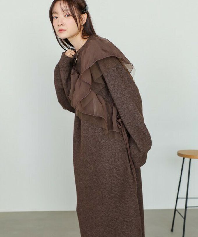 日本 Bab - 交叉薄紗荷葉柔美針織長袖洋裝-黑