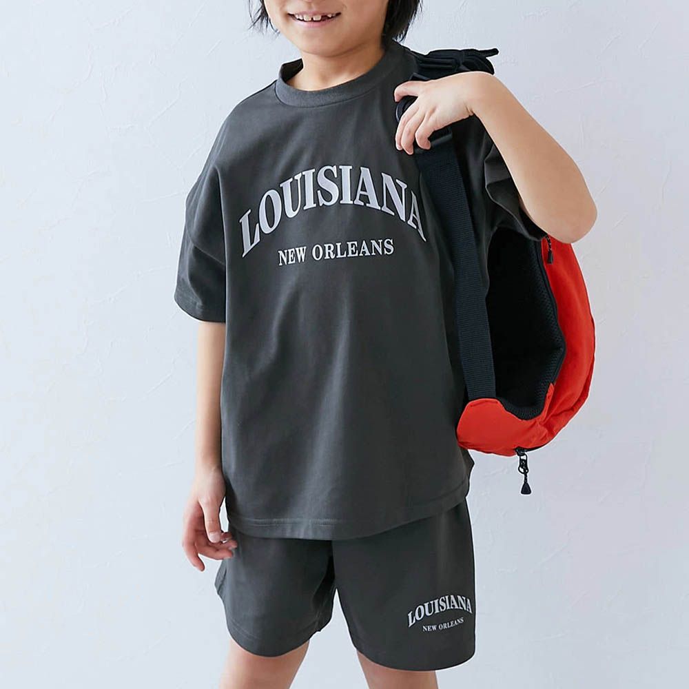 接觸涼感 寬版清爽短袖套裝-英文標語-灰黑