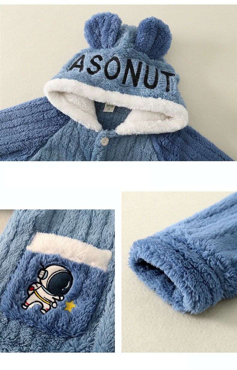 法蘭絨兒童造型長袖睡衣-太空人+星球-藍色