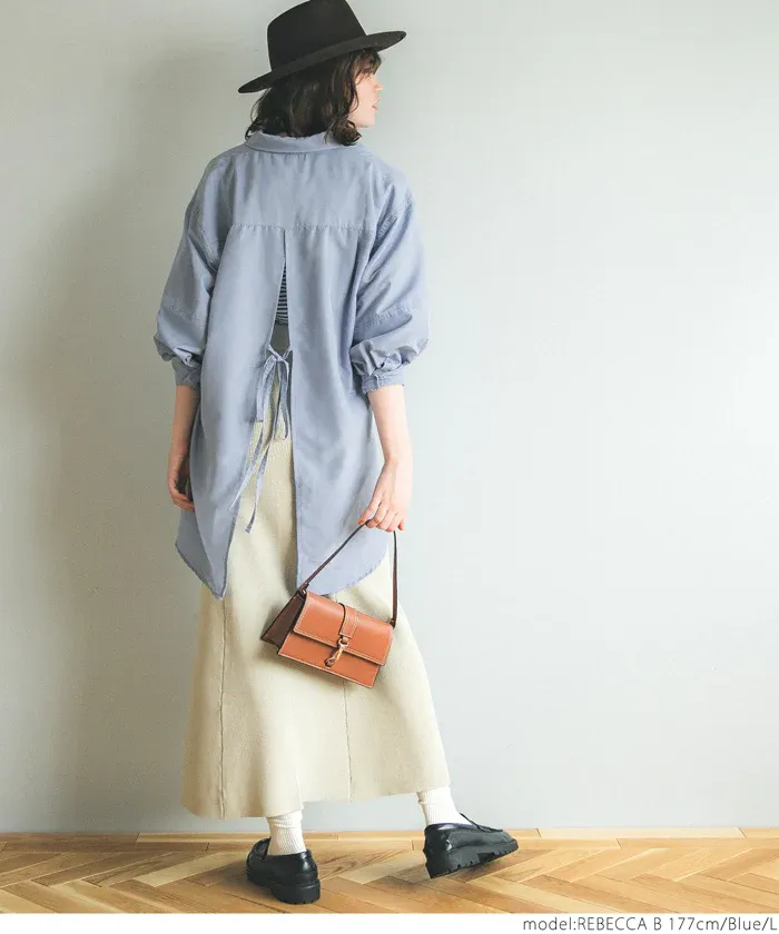 日本 COCA - 百搭後綁帶翻領長版襯衫-米杏