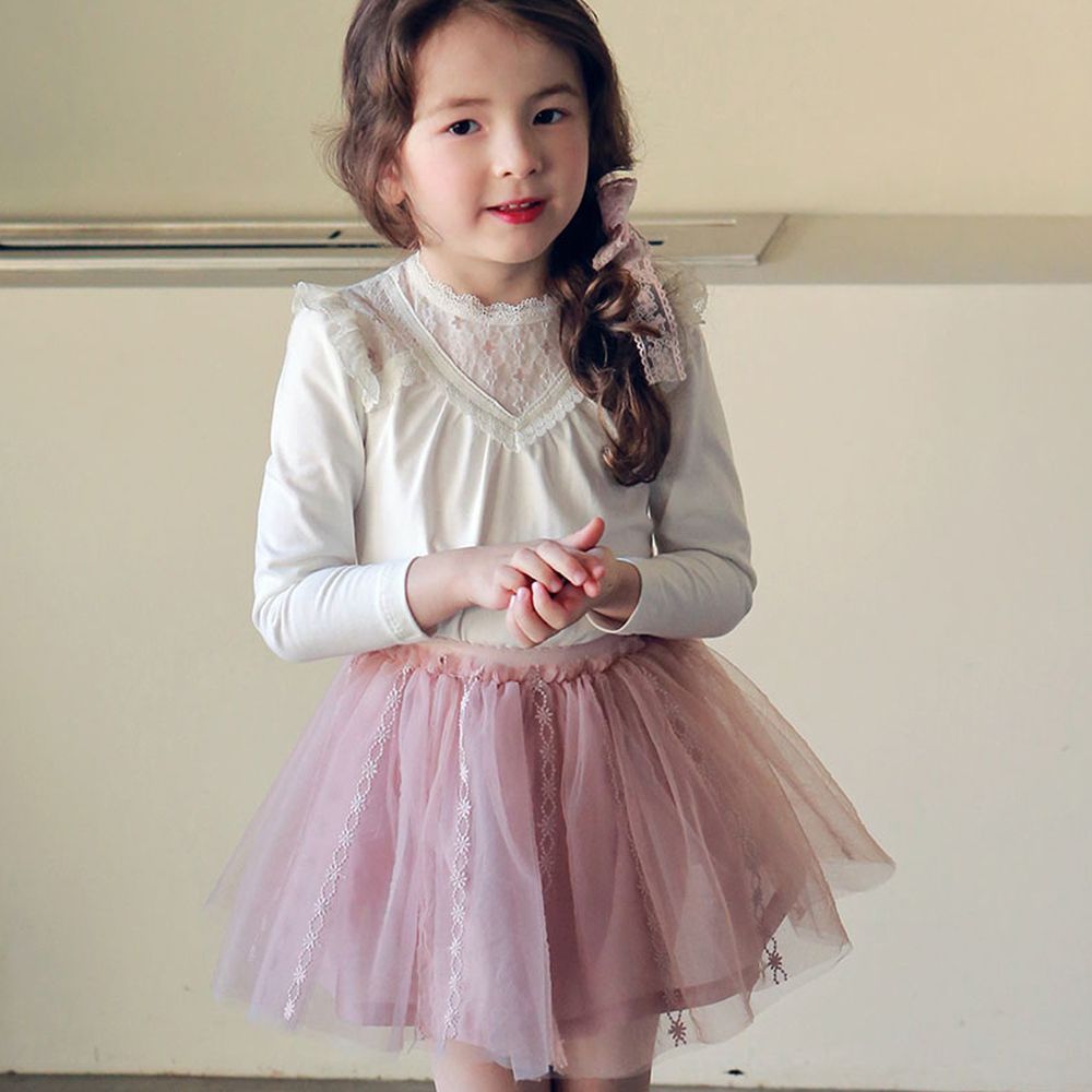 韓國 PuellaFLO - (現省50元)蕾絲滾邊V字上衣+花圈辮子網紗裙-象牙白上衣X粉紅