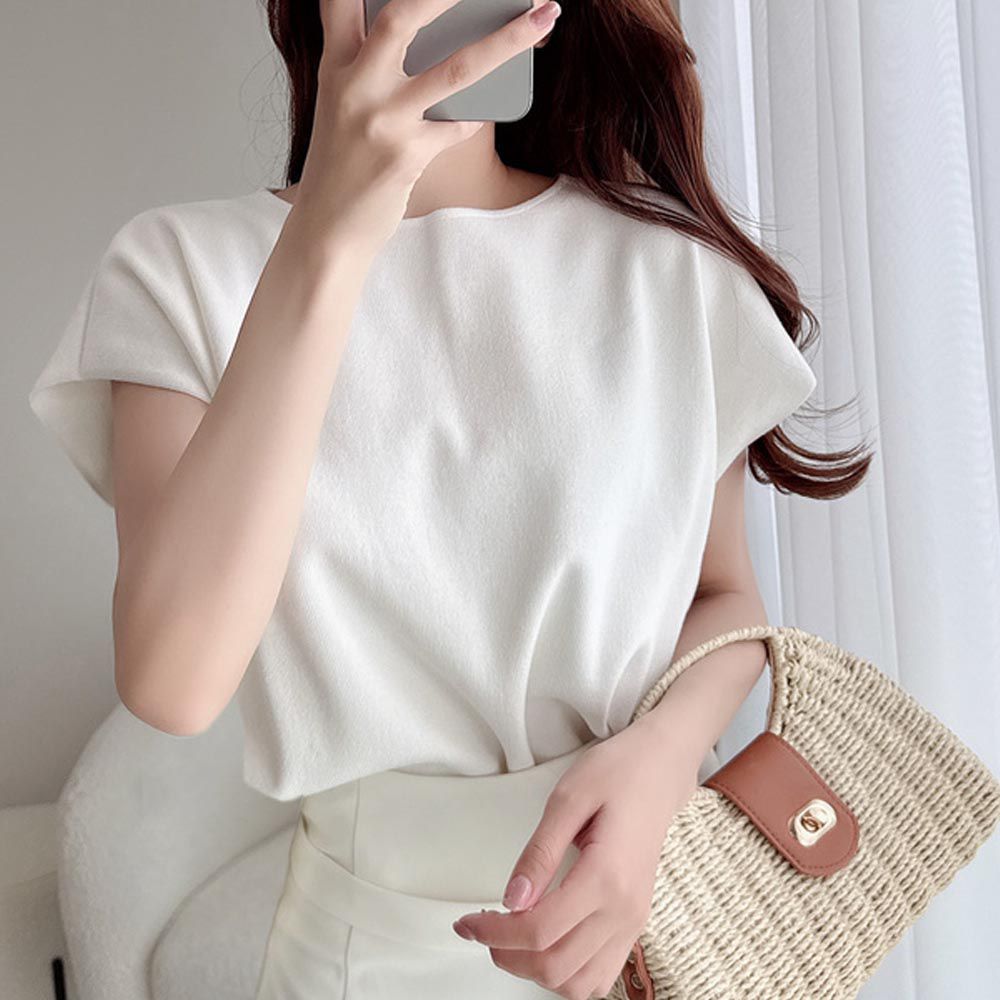 簡約優雅法式袖針織上衣-米白 (F)