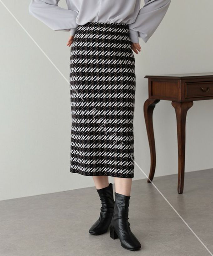 日本 BLUE EAST - 氣質千鳥格針織開叉合身長裙-灰白