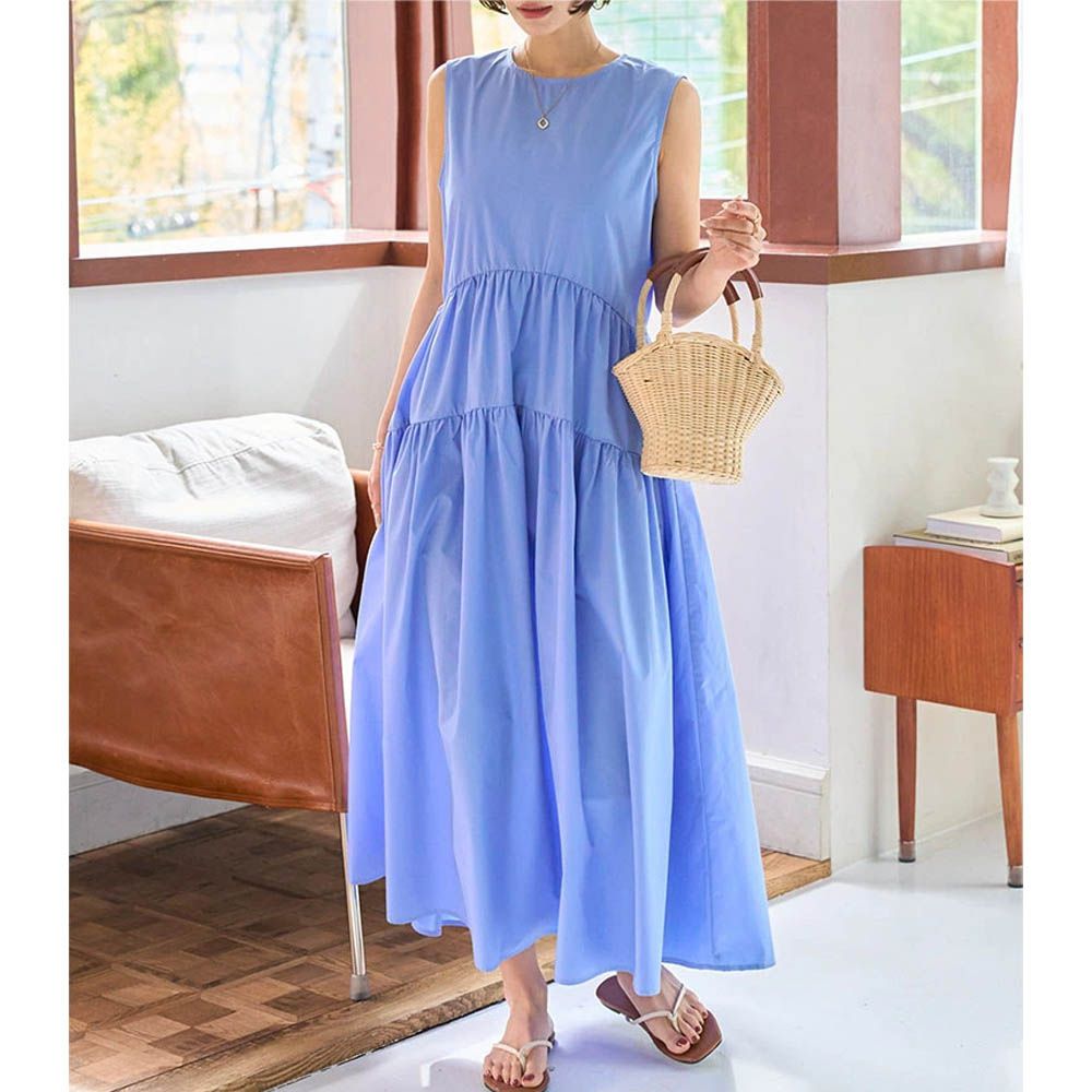 渡假風簡約分層無袖洋裝-水藍 (M)