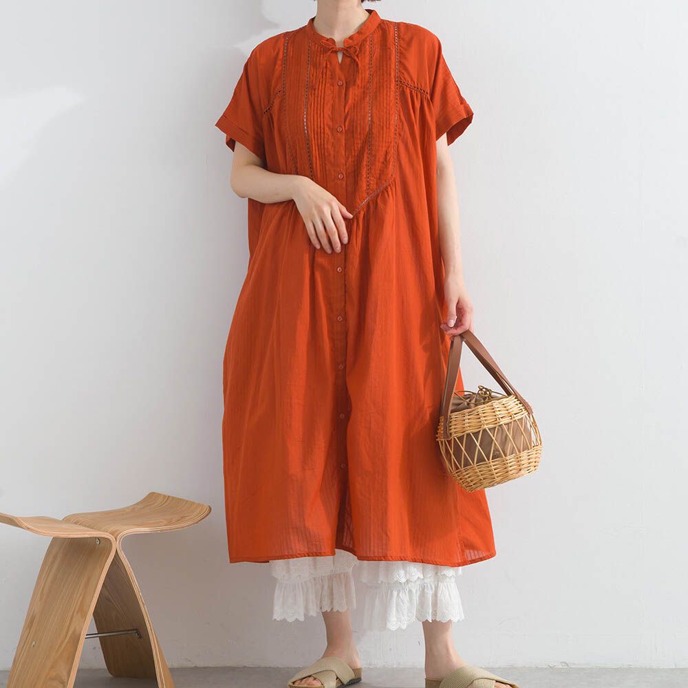 100%印度棉 細緻鏤空蝴蝶結短袖洋裝-磚橘