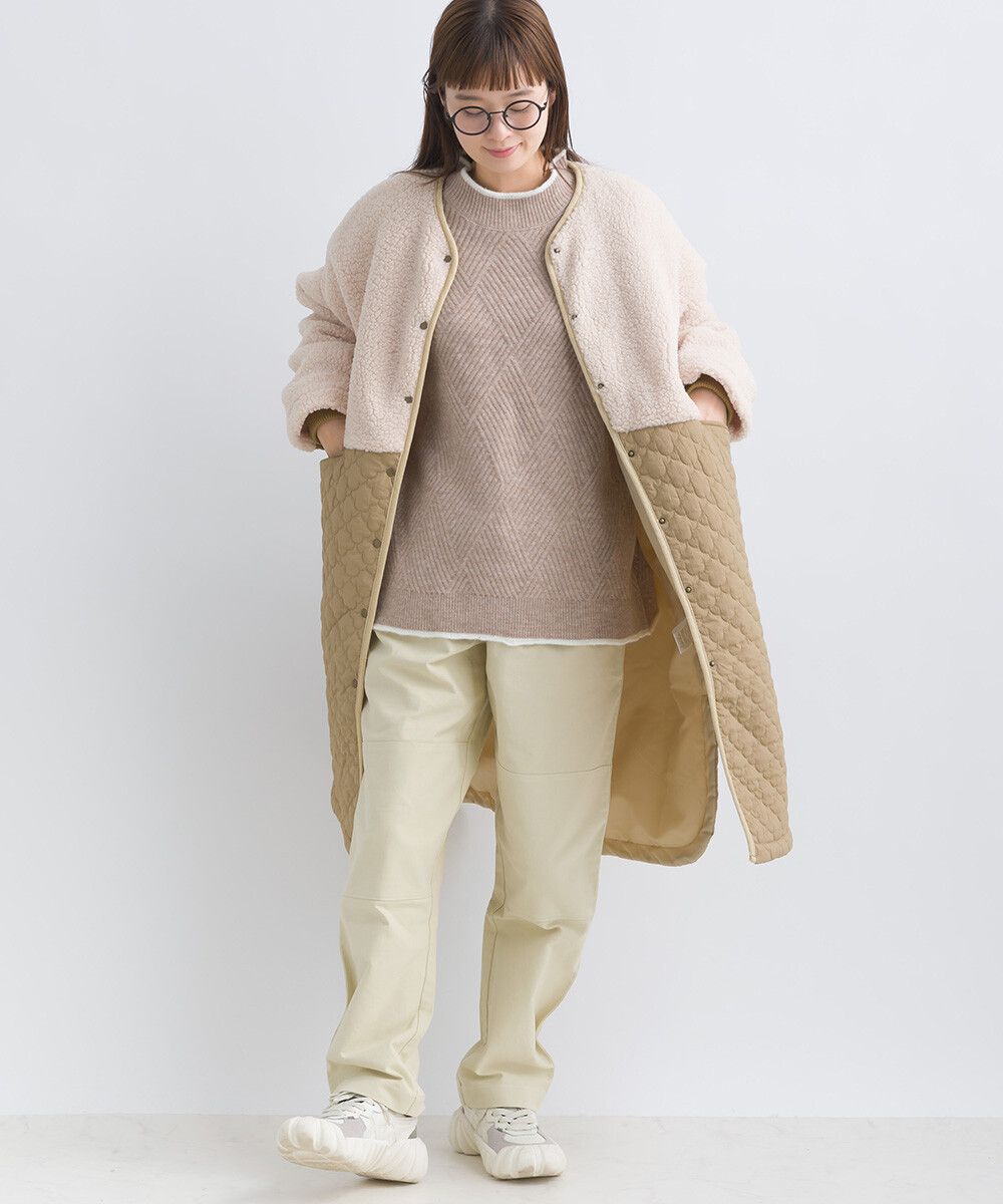 日本女裝代購 - 毛茸雲朵絎縫拼接長版鋪棉外套-軍綠