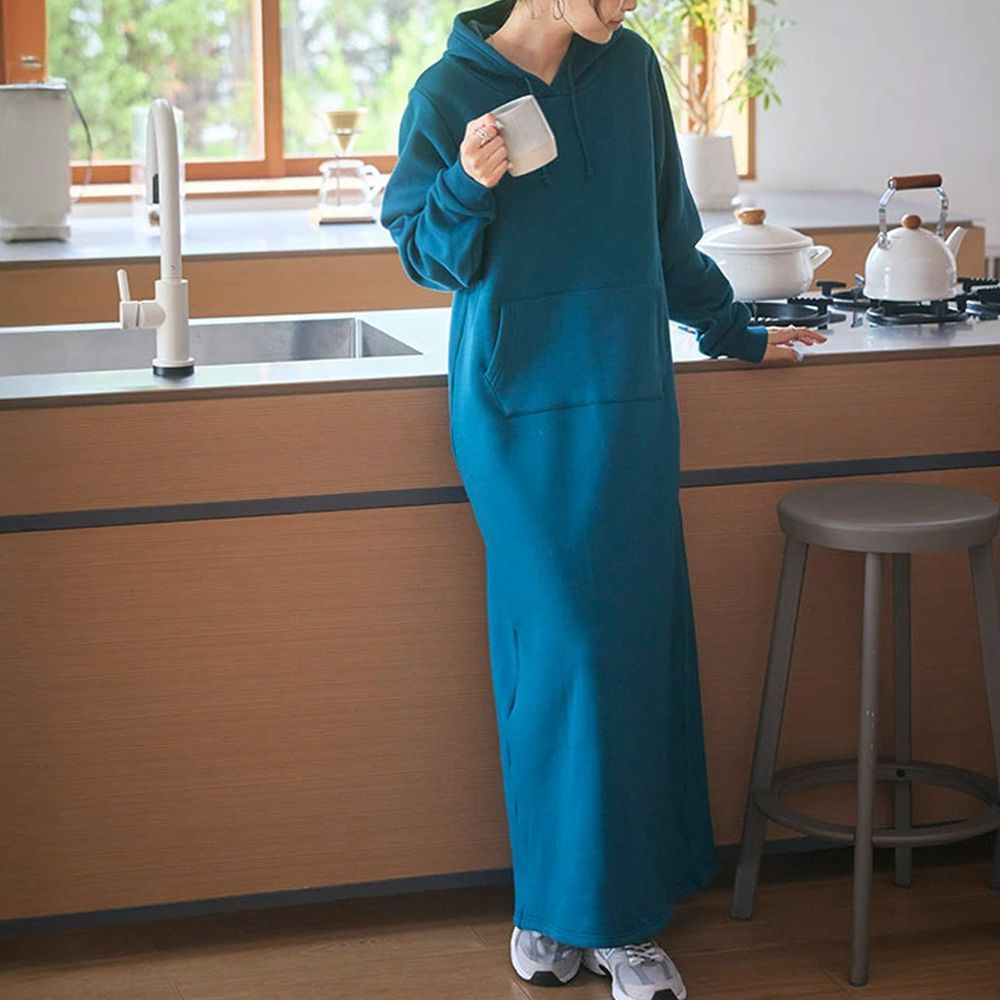 極上溫暖 裏起毛修身帽T長袖洋裝-藍綠