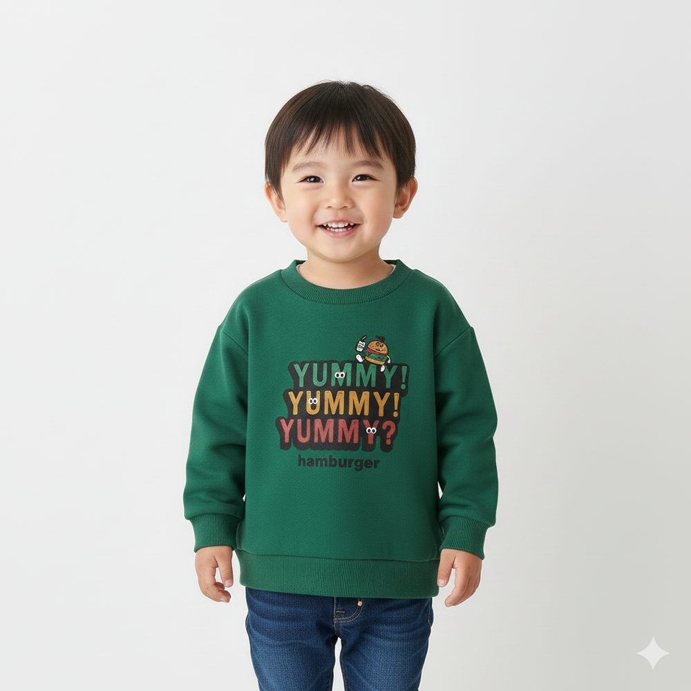 裏起毛俏皮印花長袖上衣-F好吃-濃綠