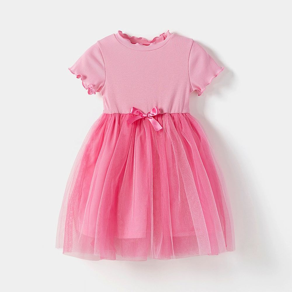 日常彈性網紗層次公主洋裝-桃粉