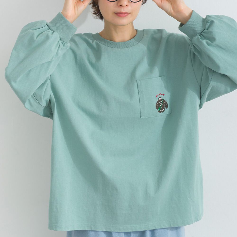 16支天竺棉趣味刺繡長袖上衣-大腳怪-薄荷綠