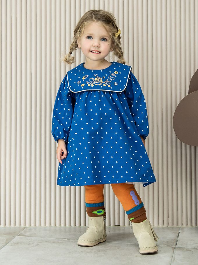 韓國 Pimpollo - 滿版圓點方形翻領連身洋裝-寶藍