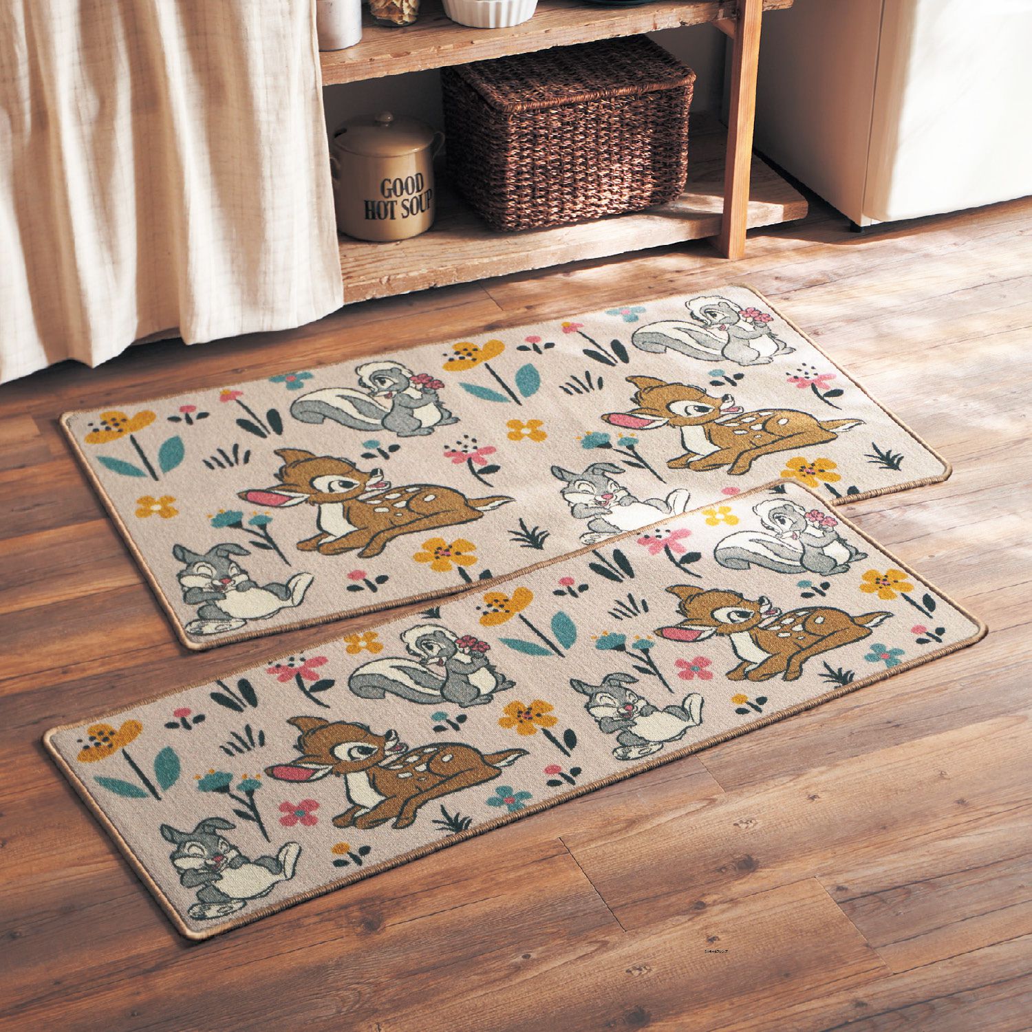 日本千趣會 - 迪士尼 長條型腳踏墊(廚房/臥室)-斑比花園-杏