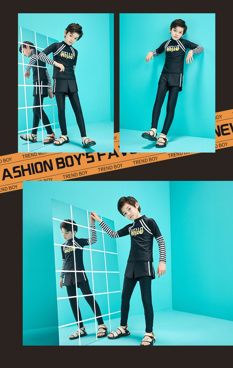 男寶運動風長袖泳衣套裝-HELLO-黑色