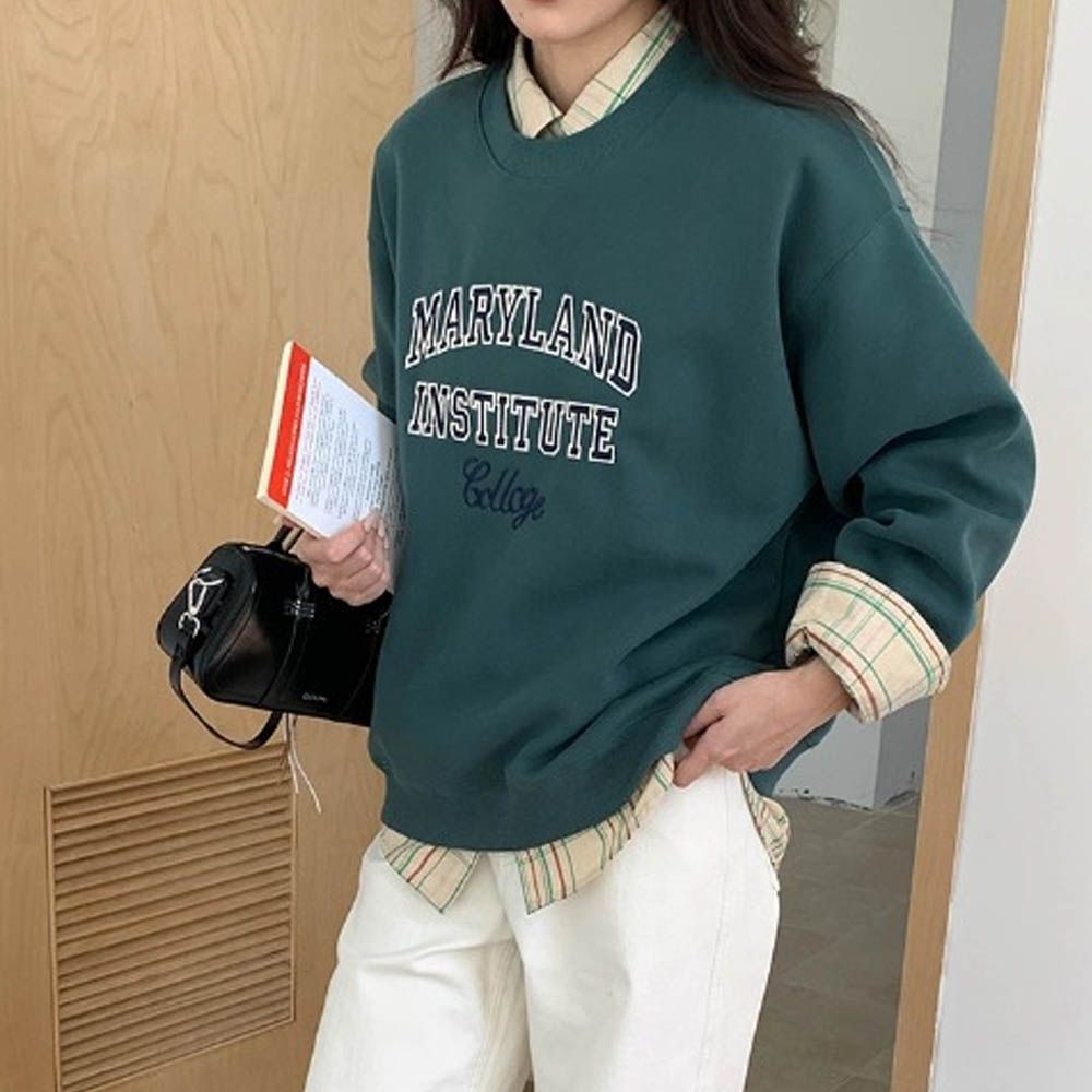 長袖大學T-慵懶撞色字母-墨綠 (F)