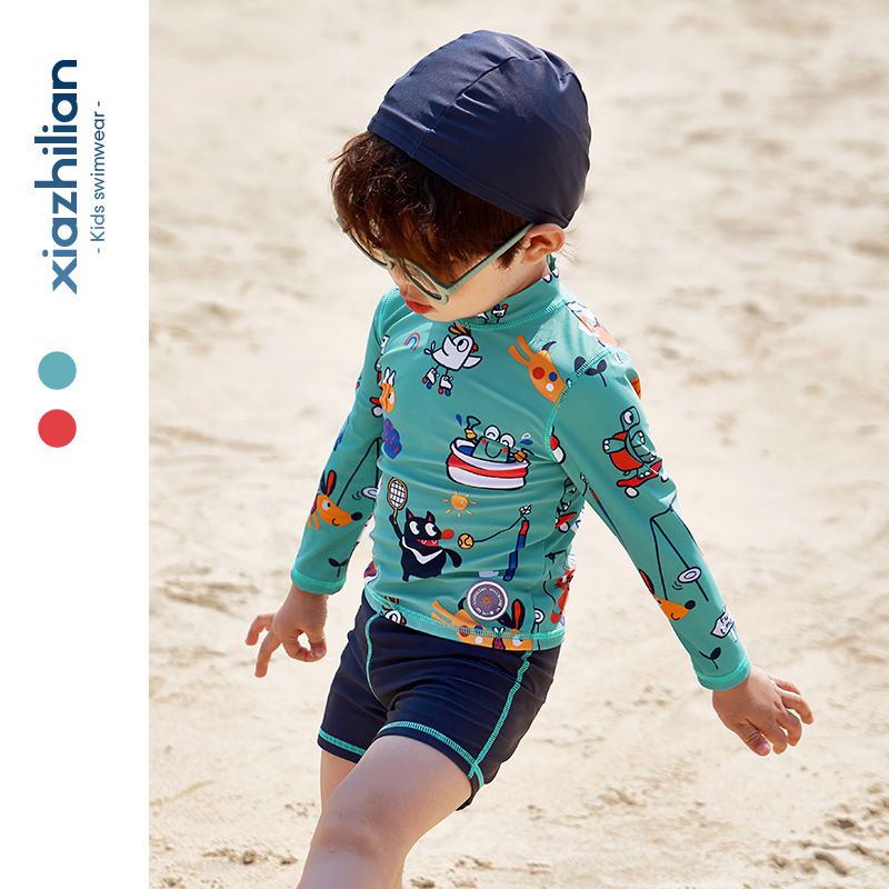 男寶防曬長袖泳裝套裝(附帽子)-動物世界-綠色