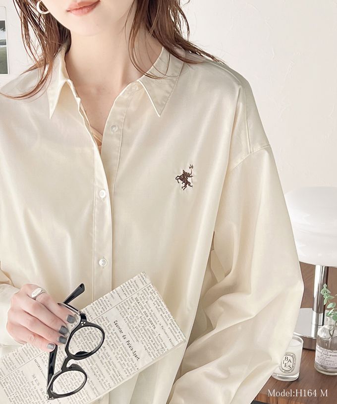 日本 Classical Elf - 前短後長知性寬版長袖襯衫-logo刺繡-藍白條紋