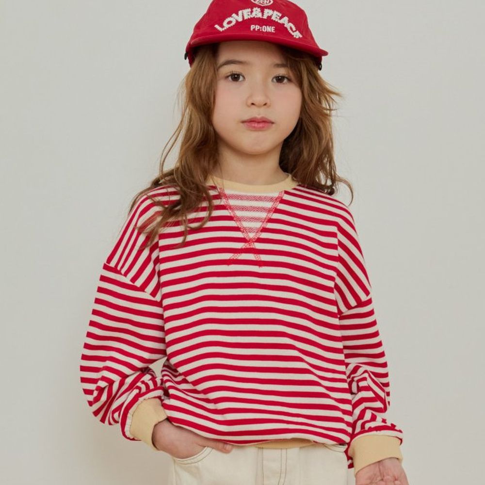 ERINJ 復古V縫線撞色橫紋長袖大學T-紅