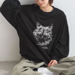 日本 Lupilien - 線條貓咪印花裏毛長袖上衣-黑