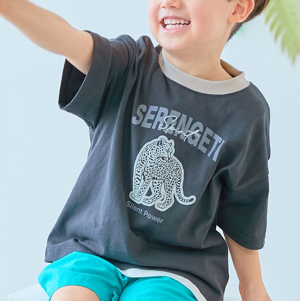 純棉動物線條印花短袖上衣-豹-炭灰