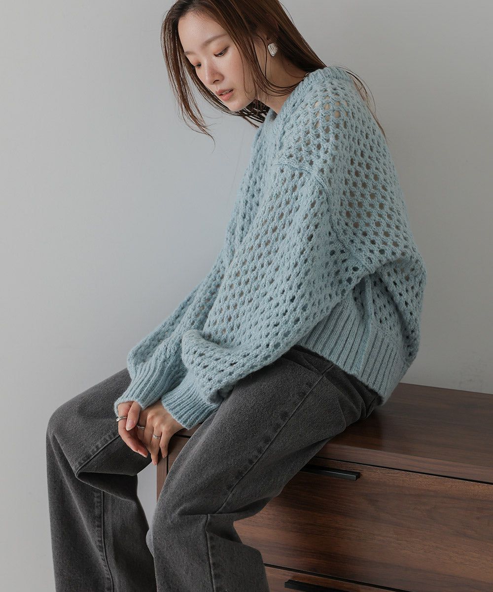 日本 Bab - 混羊毛設計感網格針織上衣-摩卡