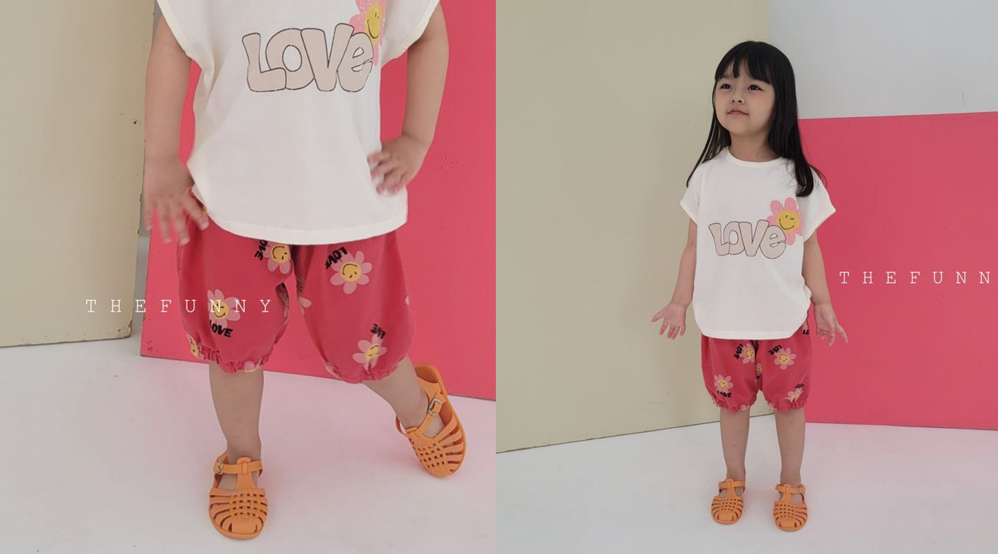 韓國 The Funny - LOVE花朵純棉T-粉紅