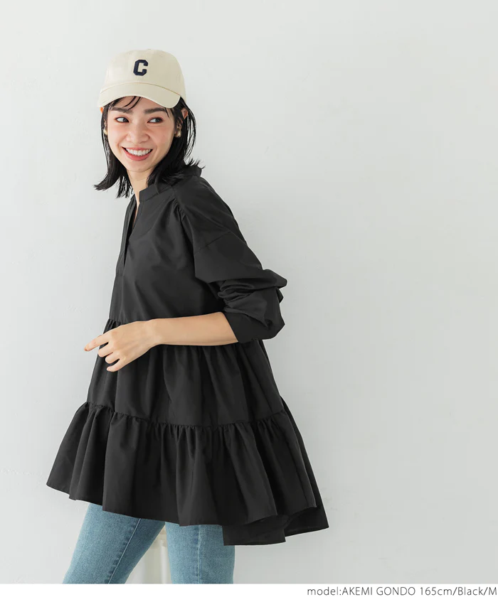 日本 COCA - 氣質蛋糕層次長袖上衣-經典黑