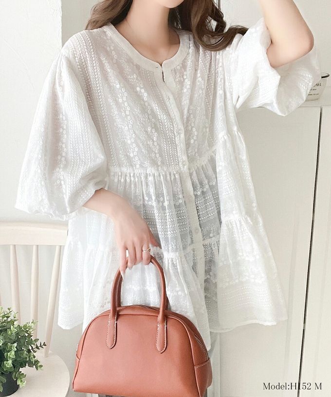 日本 Classical Elf - 3WAY刺繡雕花廓形短袖襯衫-灰藍