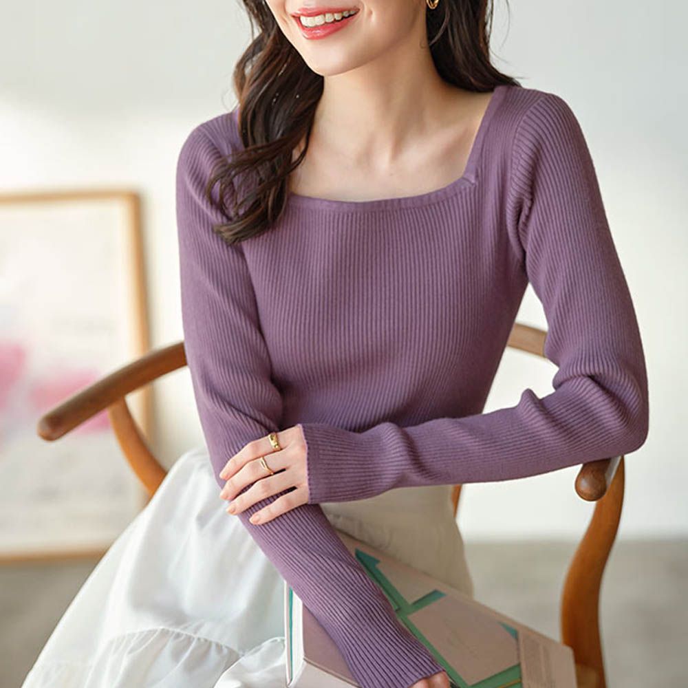 [推薦]羅紋針織合身長袖上衣-(可選領)-粉紫