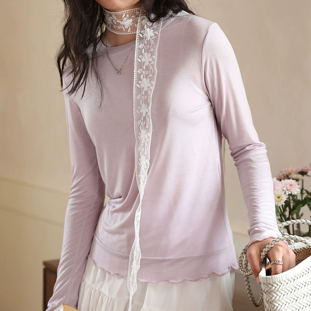 細緻綿柔3.2%羊毛天絲木耳邊長袖上衣-嫩粉紫
