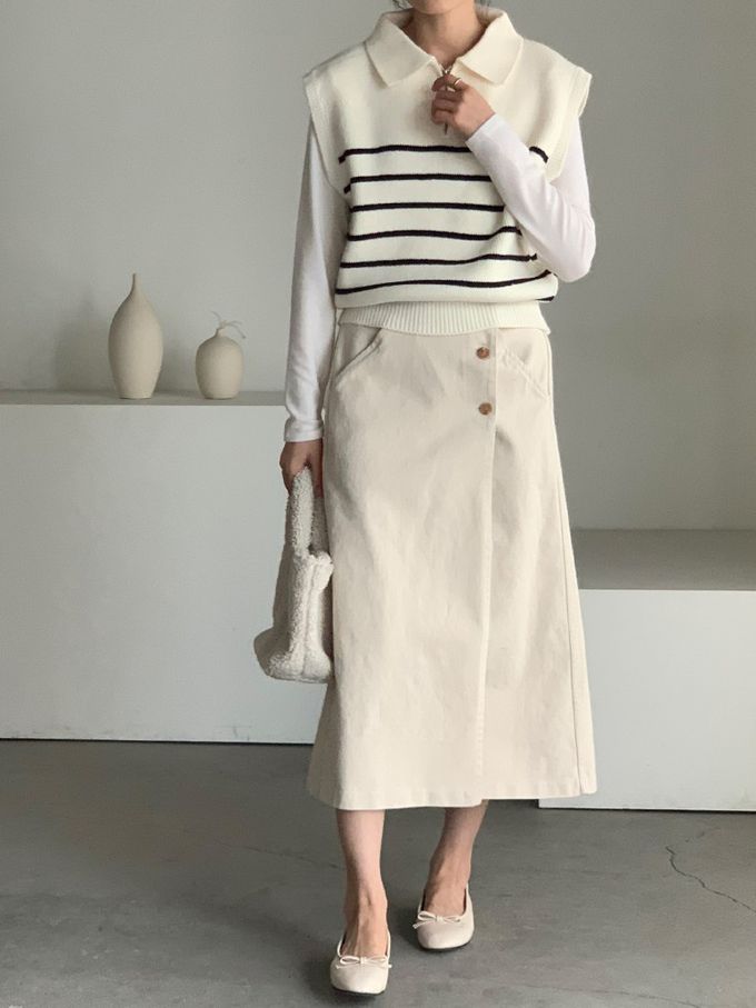 韓國女裝連線 - 拉鍊翻領條紋針織背心-米白 (FREE)